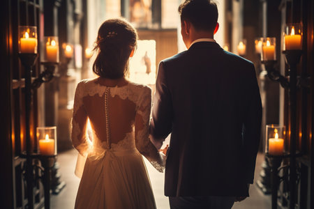 Wedding Couple in Love Back View walking down in Church. Newly Wedded Bride Groom in Window Door Light. Wedding Day Ceremonyの素材