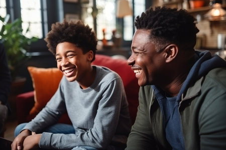 Happy African Black father having fun with teen boy at home.の素材