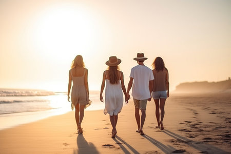 Young friends walking along a beach during summertimeの素材