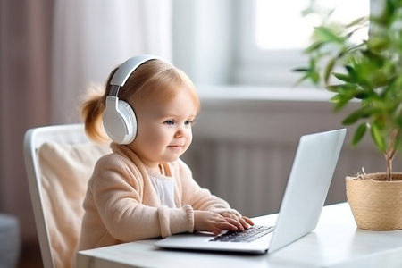 Infant girl using laptop remote working at home office looking at computer talking having hybrid virtual meeting learning english communicating by video call, elearning webinarの素材