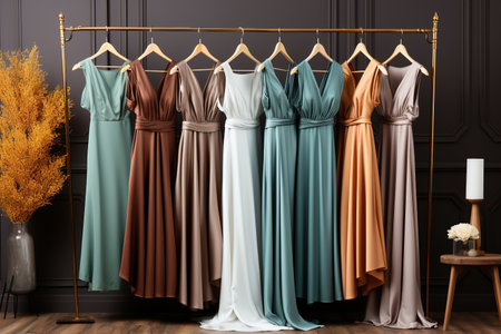 a wedding dress is on hangers with different dresses at the store, in the style of light teal and dark gold, subversive appropriation, light purple and brown, innovating techniquesの素材