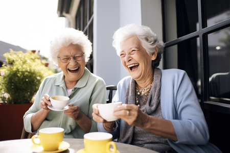 Senior friends laughing happily while having teaの素材