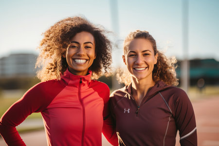 Living a fitness lifestyle Happy female athletes wearingの素材