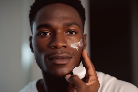 Young black man taking care of his skin with nourishing face creamの素材