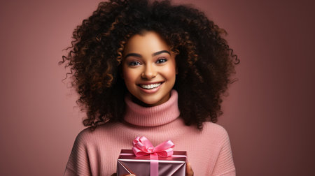 Black woman, excited with gift box and celebration, special event and happinessの素材