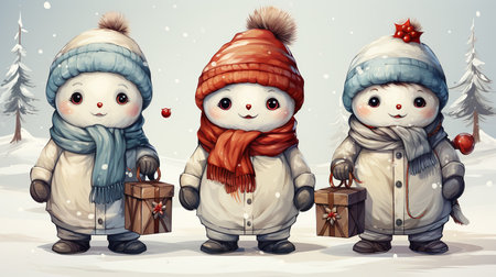 A cute watercolor snowmen clipart with Christmas consume, isolated with white backgroundの素材