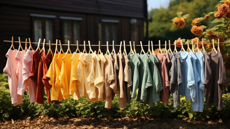 After being washed, children's colorful clothing dries on a clothesline in the yard outside in the sunlightの素材