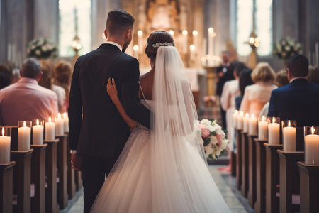 Wedding Couple in Love Back View walking down in Church. Newly Wedded Bride Groom in Window Door Light. Wedding Day Ceremonyの素材