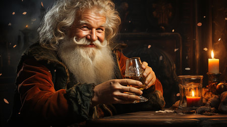 happy Santa Claus drinking whiskey out of a glass while sitting by a Christmas treeの素材