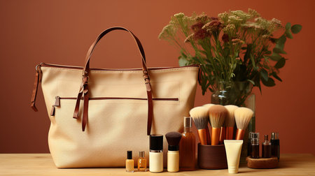 cosmetic bag with cosmetics and toiletries on a beige, in the style of naturalistic compositionsの素材