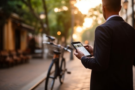 Asian business man holding smartphone using bike rental digital phone app scanning qr code to rent electric bicycle in city public eco transport mobile application standing on urban park on sunsetの素材