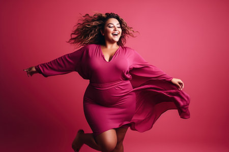 Confident body moves: Plus size woman having fun with her body in a color backgroundの素材