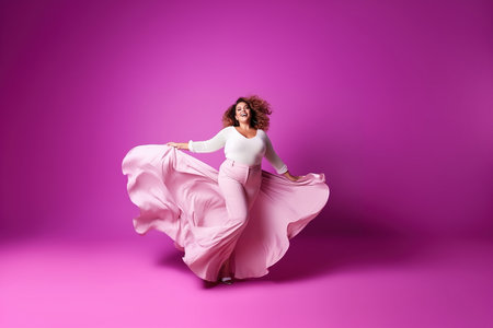 Confident body moves: Plus size woman having fun with her body in a color backgroundの素材