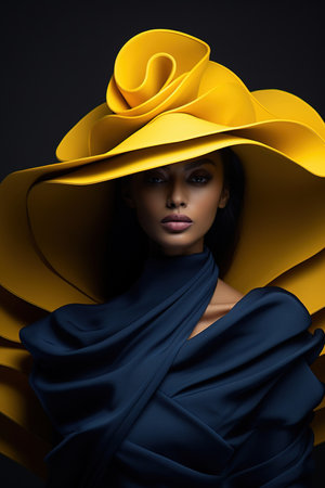 large Indian Yellow hat with an eye-catching large brim, a modern fashion design modelの素材