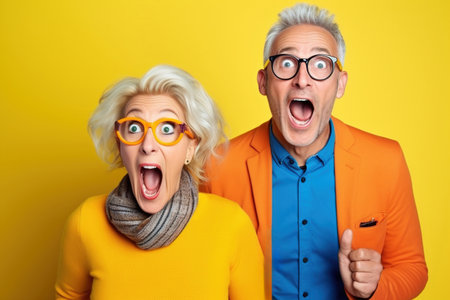 cheerful middle aged woman and her husband pensioner reacts on shocking newsの素材