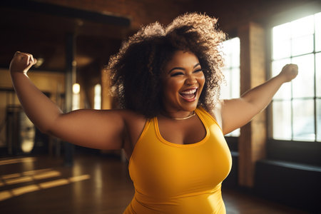 Confident body moves: Plus size woman having fun with her body in a color backgroundの素材
