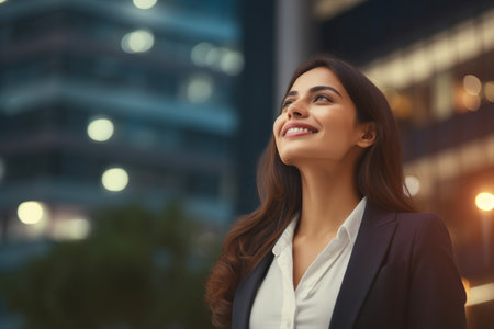 Confident rich Latin business woman executive standing in modern big city looking and dreaming of future business successの素材