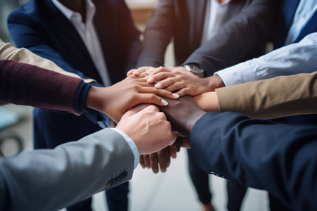 Diverse business team putting their hands together in a huddle of support and motivationの素材