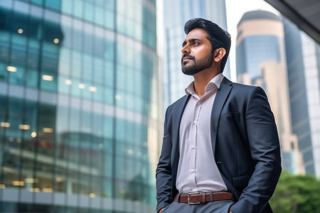 Confident rich eastern indian business man executive standing in modern big city looking and dreaming of future business successの素材