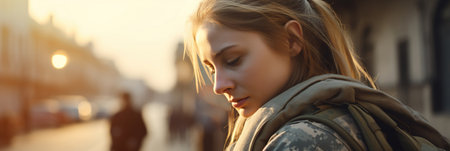 Courageous female soldier returning home from the armyの素材