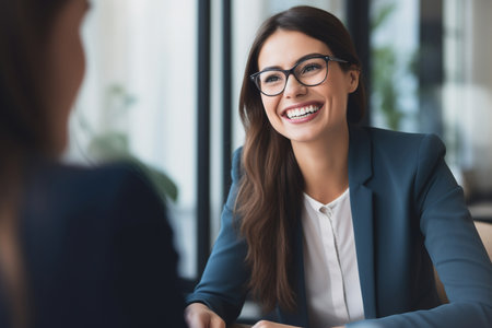 Female hiring manager interviewing a job candidate in her officeの素材
