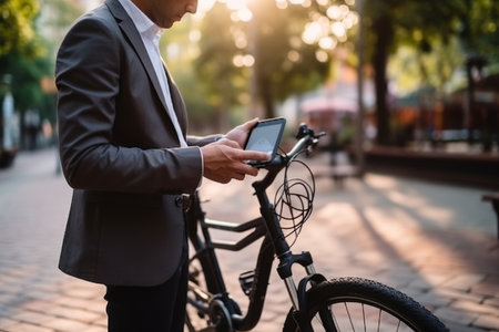 business man holding smartphone using bike rental digital phone app scanning qr code to rent electric bicycle in cityの素材