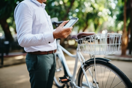 business man holding smartphone using bike rental digital phone app scanning qr code to rent electric bicycle in cityの素材