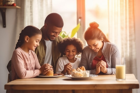 Happy multiracial family couple with children pray together before having morning breakfast at home together. Multiethnic parents with mixed race kids hold hands say prayer sit at kitchen tableの素材