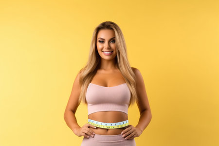 Fit woman with measuring tape, Diet and weight loss concept, perfect body. Beautiful woman measuring her waist with a measure tape on yellow background copy spaceの素材