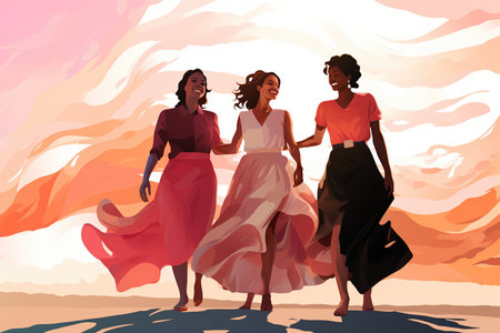 Four happy women on the beach in the style of bold curvesの素材