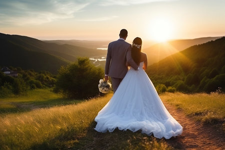Newly Wedded Bride Groom in mountains. Wedding Day Ceremonyの素材