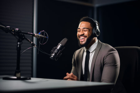 Happy radio presenter speaking into a microphone in a studioの素材