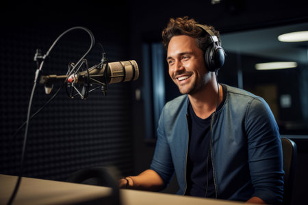 Happy radio presenter speaking into a microphone in a studioの素材
