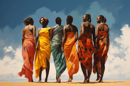 group of friendly ladies standing on the beach, in the style of bold curvesの素材