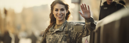 Happy servicewoman waving her hand on her homecomingの素材