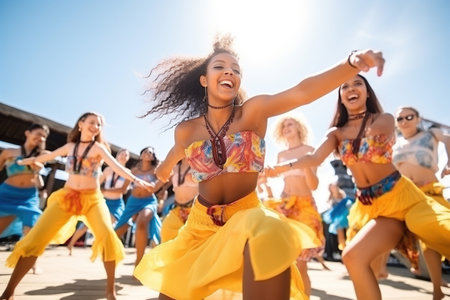Group of young women dancing in bikinisの素材