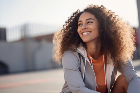 Portrait of a happy sports woman sitting outdoorsの素材