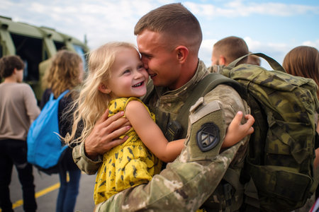 Ukraine Soldier embracing his wife and kids on his homecomingの素材