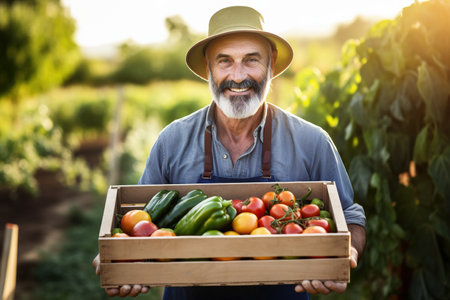 Happy female farmer holding a box with fresh produceの素材