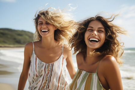 happy female friends standing on beach waterの素材
