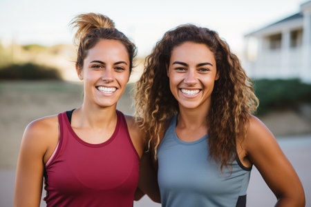 Living a fitness lifestyle Happy female athletes wearingの素材