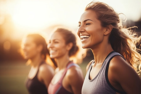 Living a fitness lifestyle Happy female athletes wearingの素材