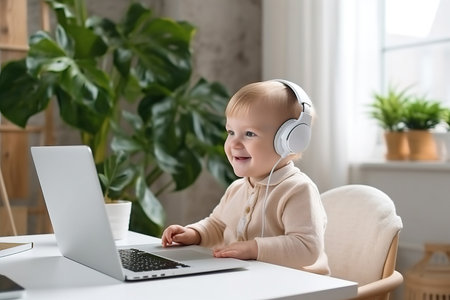 Infant boy using laptop remote working at home office looking at computer talking having hybrid virtual meeting learning english communicating by video call, elearning webinarの素材