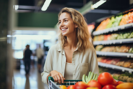 Young woman buying groceries in a supermarketの素材