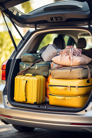 Suitcases and bags in trunk of car ready to depart for holidaysの素材