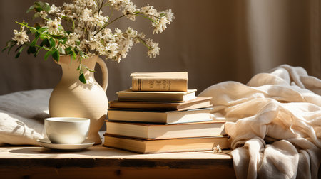A stack of books lie on a wooden table, there is a cup of coffeeの素材
