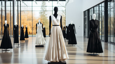fashion show at a clothing store, in the style of light white and dark black, sparse and simpleの素材