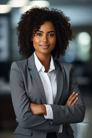 Confident smiling young professional business woman ceo corporate leader, female African American lawyer or hr manager wearing suit standing arms crossed in office, vertical portraitの素材