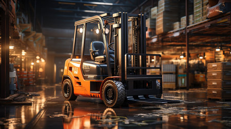 a fork truck in a warehouse with boxesの素材