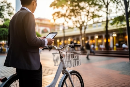 Asian business man holding smartphone using bike rental digital phone app scanning qr code to rent electric bicycle in city public eco transport mobile application standing on urban park on sunsetの素材